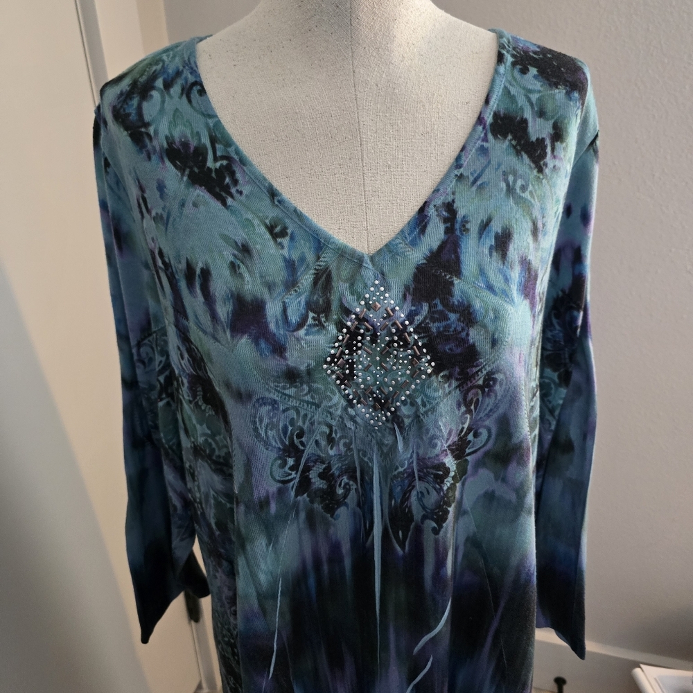 Elegant Blue and Green Women's Top By One World SZ XXL
